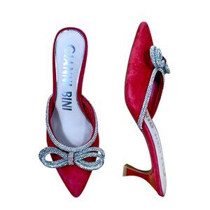 Gianni Bini Kitten Heel Mules Red Suede Jewel Silver Bows (7)